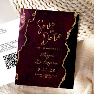 Burgundy Gold Agate QR Code Save the Date Announcement Postcard