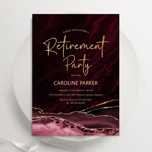 Burgundy Gold Agate Retirement Party Invitation
