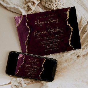 Burgundy Gold Agate Script Wedding Invitation