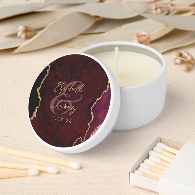Burgundy Gold Agate Script Wedding Mini Candle Favors (Insitu)