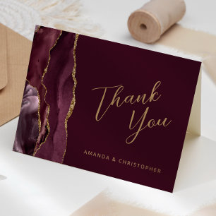 Burgundy Gold Agate Script Wedding Thank You Card