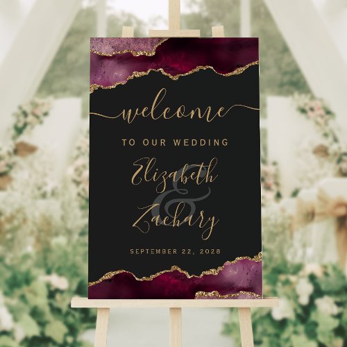 Burgundy Gold Agate Vertical Wedding Welcome Foam Board