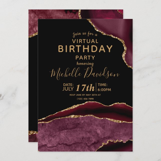 Burgundy & Gold Agate Virtual Birthday  Invitation (Front/Back)
