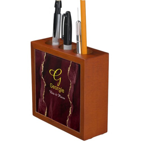 Burgundy  Gold Agate Watercolor Desk Organizer