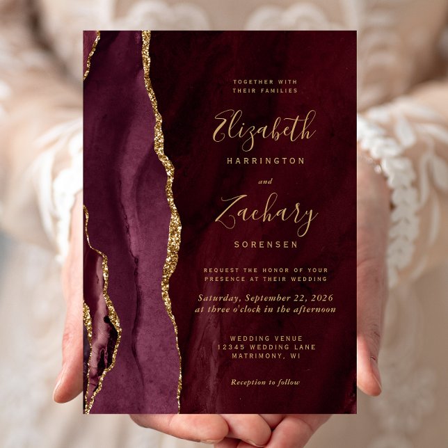 Burgundy Gold Agate Wedding Invitation (Creator Uploaded)