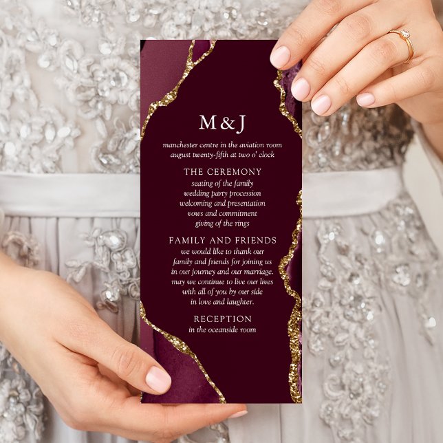 Burgundy & Gold Agate Wedding Program (Creator Uploaded)