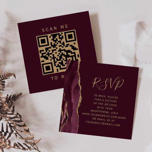 Burgundy Gold Agate Wedding QR Code RSVP Enclosure Card