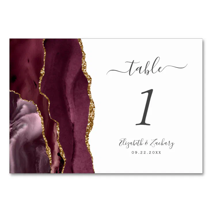 Burgundy Gold Agate Wedding Table Number Zazzle