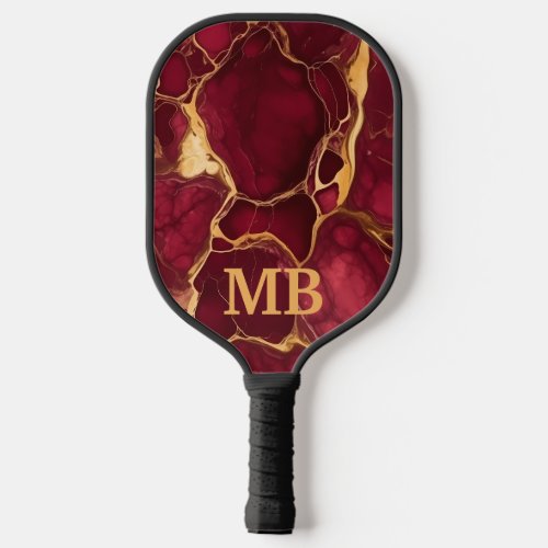 Burgundy Gold Alcohol Ink Marble Monogram Pickleball Paddle