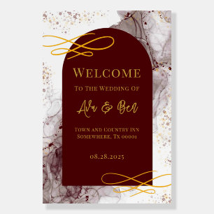 Burgundy Gold Alcohol Ink Wedding Welcome Sign