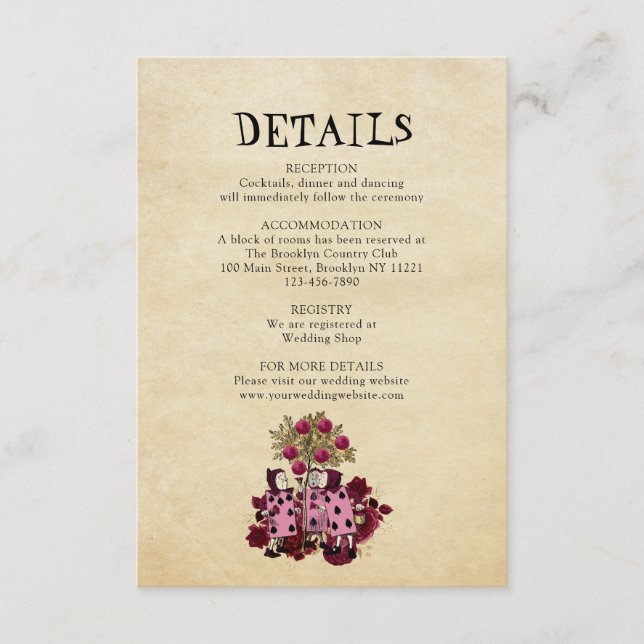 Burgundy Gold Alice in Wonderland Wedding Details Enclosure Card (Front)