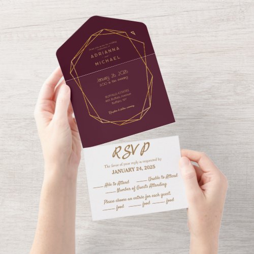 Burgundy  Gold All in One Wedding Invitation