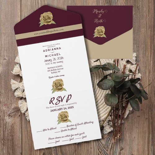 Burgundy  Gold All in One Wedding Invitation