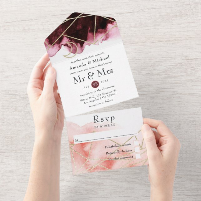 Burgundy, Gold and Blush Geometric Wedding All In One Invitation (Tearaway)
