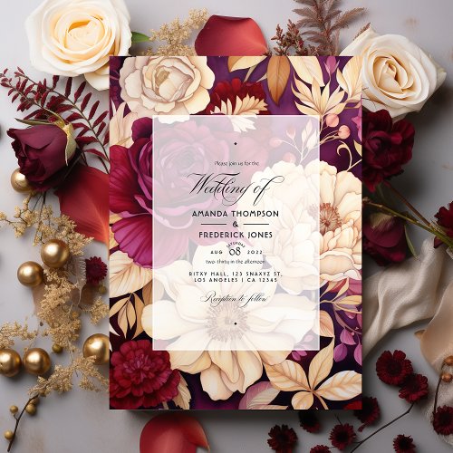 Burgundy Gold and Ivory Floral Wedding Invitation