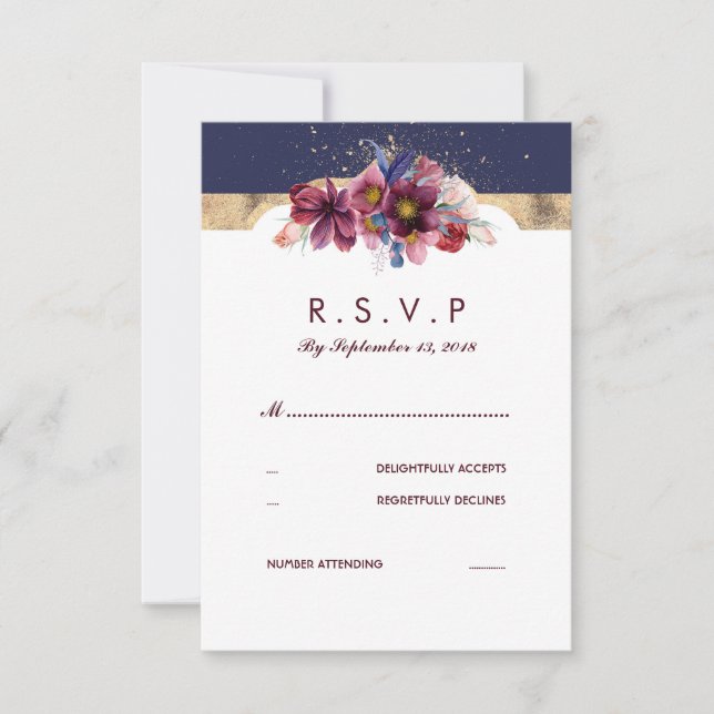 Burgundy Gold and Marsala Wedding RSVP Floral Card (Front)