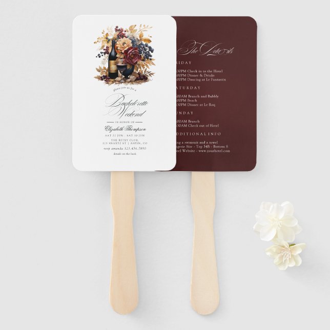 Burgundy, Gold and Navy Wine Bachelorette Weekend Hand Fan (Front and Back)