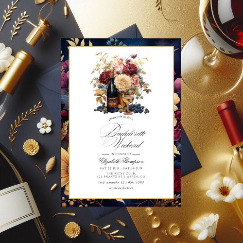 Burgundy Gold and Navy Wine Bachelorette Weekend Invitation