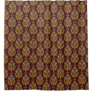 Burgundy, Gold and Sage Vintage Bird Damask Shower Curtain