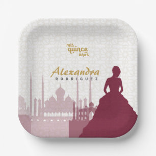Burgundy & Gold Arabian Quinceañera Paper Plates