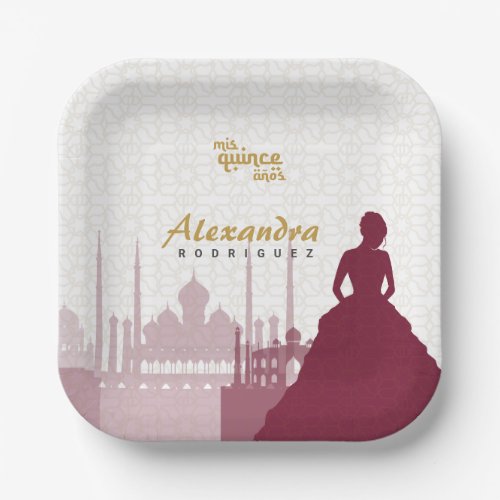 Burgundy  Gold Arabian Quinceaera Paper Plates