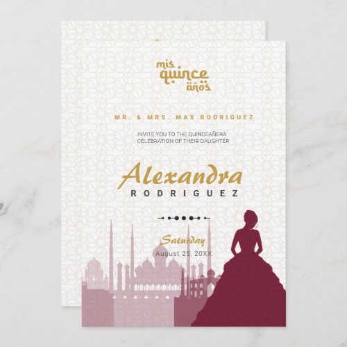 Burgundy  Gold Arabian Quinceaera Photo Invitation