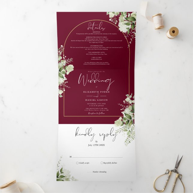 Burgundy Gold Arch Greenery Floral Photo Wedding Tri-Fold Invitation (Inside)