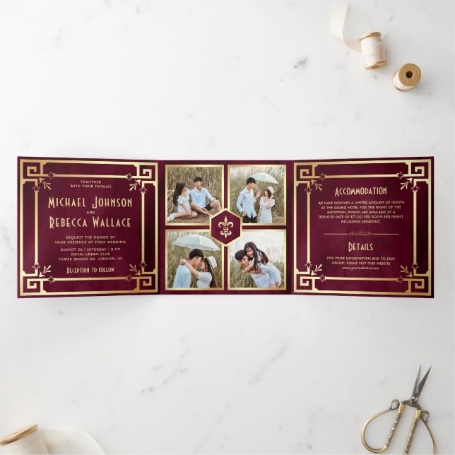 Burgundy Gold Art Deco Photo Collage Wedding Tri-Fold Invitation (Inside)