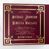 Burgundy Gold Art Deco Photo Collage Wedding Tri-Fold Invitation (Inside First)