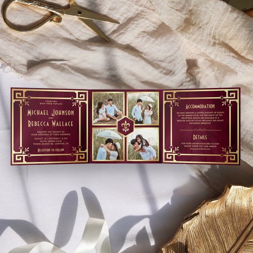 Burgundy Gold Art Deco Photo Collage Wedding Tri_Fold Invitation