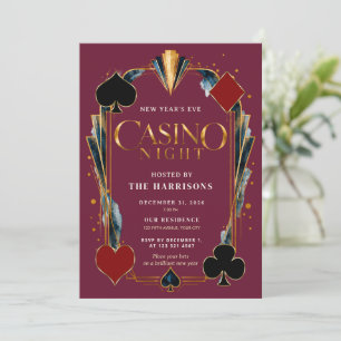 Burgundy Gold Art DecoNew Year’s Eve Casino Night Invitation