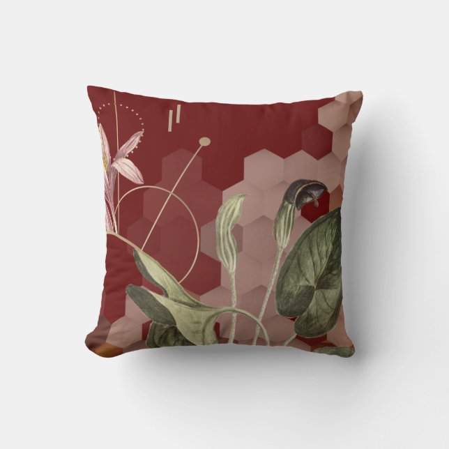 Burgundy & Gold Artistic Floral Ombre Hexagon Throw Pillow (Front)