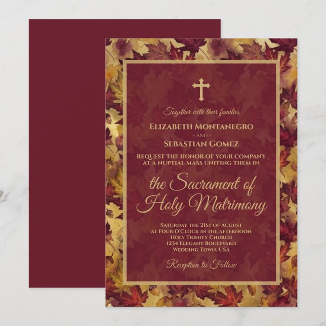 Burgundy & Gold Autumn Leaves Catholic Wedding Invitation (Front/Back)