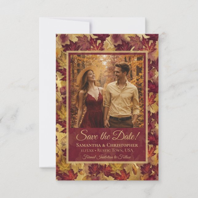 Burgundy & Gold Autumn Leaves & Photo Wedding Save The Date (Front)