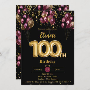 Burgundy Gold Balloons Confetti 100th Birthday Invitation