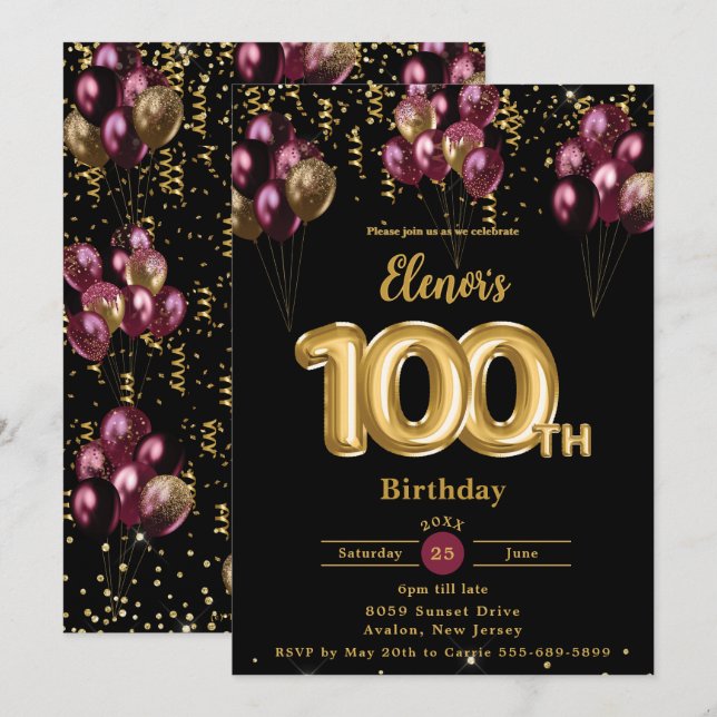 Burgundy Gold Balloons Confetti 100th Birthday  Invitation (Front/Back)