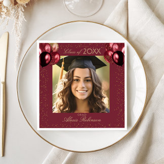Burgundy Gold Balloons Graduation Party Photo Napkins