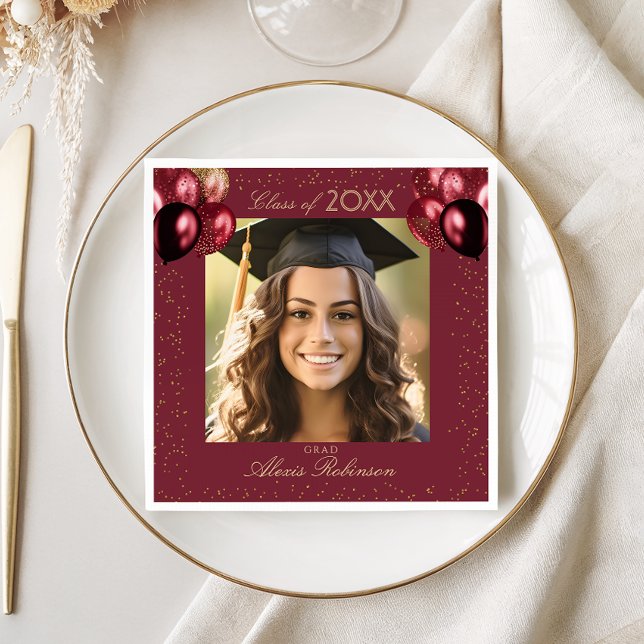 Burgundy Gold Balloons Graduation Party Photo Napkins (Creator Uploaded)