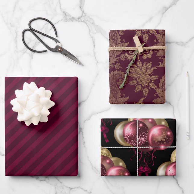 Burgundy & Gold Balloons pattern Wrapping Paper Sheets (Front)