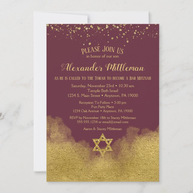 Burgundy Gold Bar Mitzvah Invitation (Front)