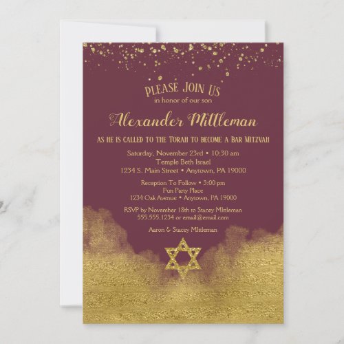 Burgundy Gold Bar Mitzvah Invitation