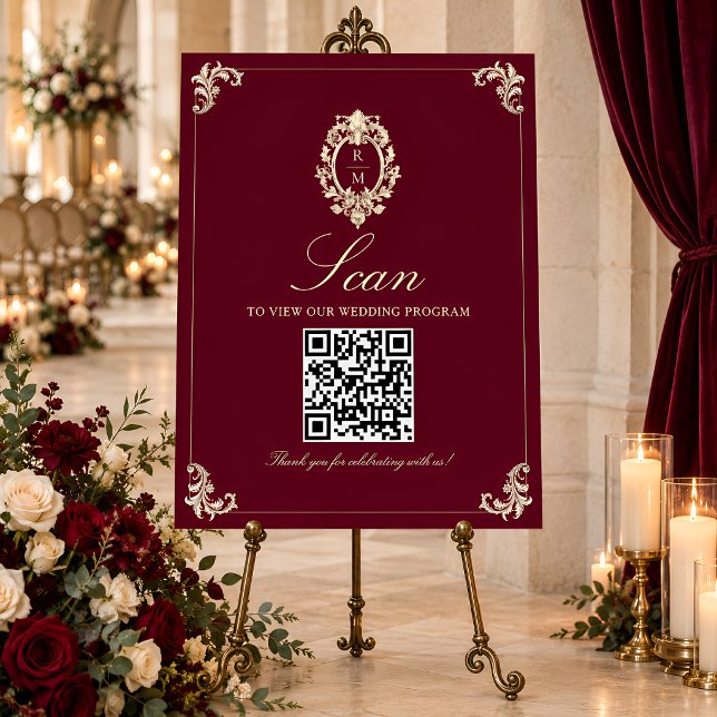 Burgundy Gold Baroque QR Code Wedding Program Sign (Creator Uploaded)