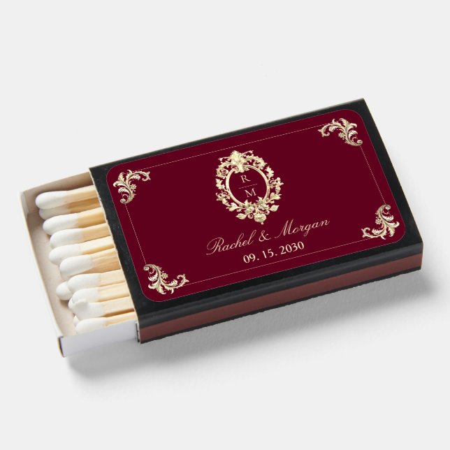 Burgundy Gold Baroque Wedding Favor Matchboxes (Front Open)