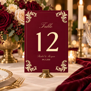 Burgundy Gold Baroque Wedding Table Number