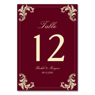 Burgundy Gold Baroque Wedding Table Number