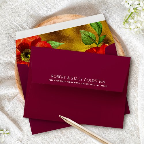 Burgundy Gold Bat Mitzvah Floral Watercolor Modern Envelope