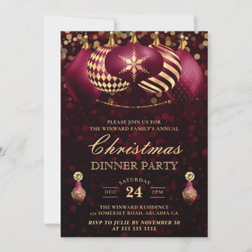 Burgundy  Gold Baubles Christmas Dinner Party Invitation