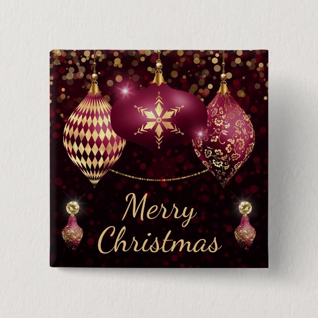 Burgundy & Gold Baubles Merry Christmas Button (Front)
