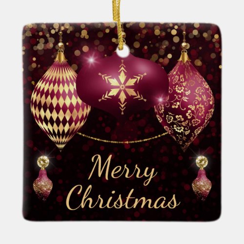 Burgundy  Gold Baubles Merry Christmas Ceramic Ornament