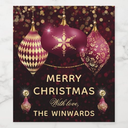 Burgundy  Gold Baubles Merry Christmas Wine Label